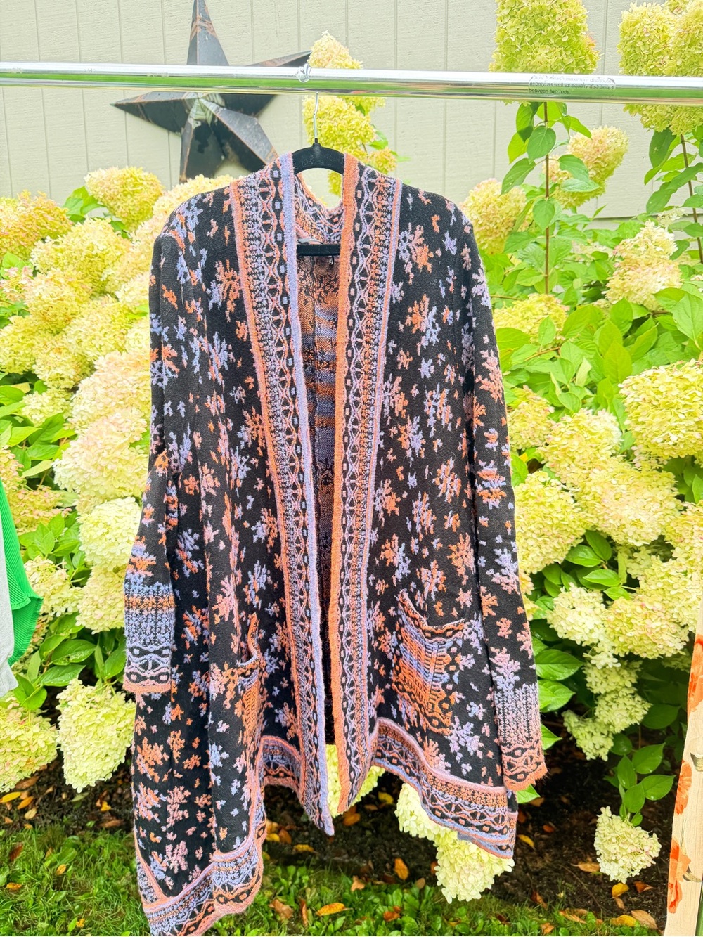 Nanette Lepore Black Knit Floral Open-Front Cape with Peach & Lavender Accents